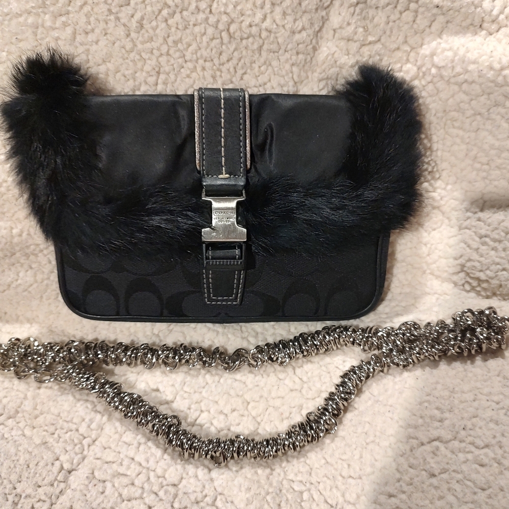 Coach EUC++ Limited Edition Vintage Ski Line Rabbit Fur Trimmed Clutch Bag
